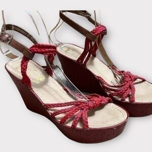 Miss Trish Of Capri  Heels Wedge Woven Sandals Red Rope Slip On